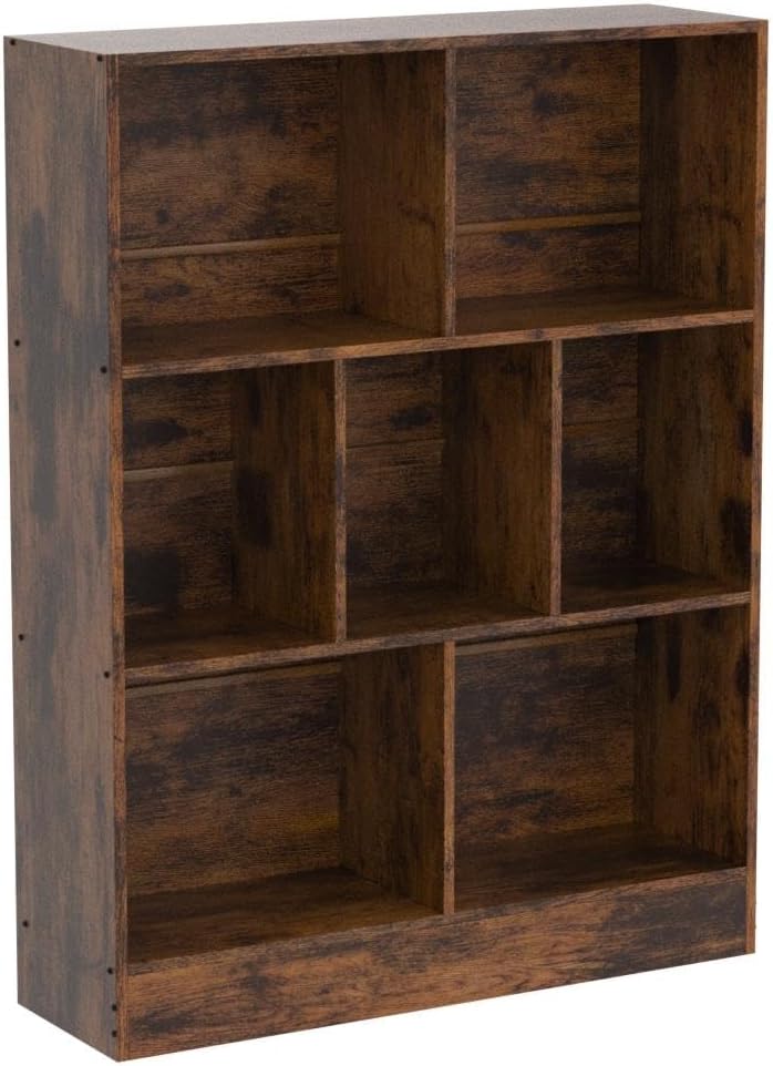 Mid-Century Charm | 3-Tier 7-Cube Open Bookshelf with Retro Wood Finish