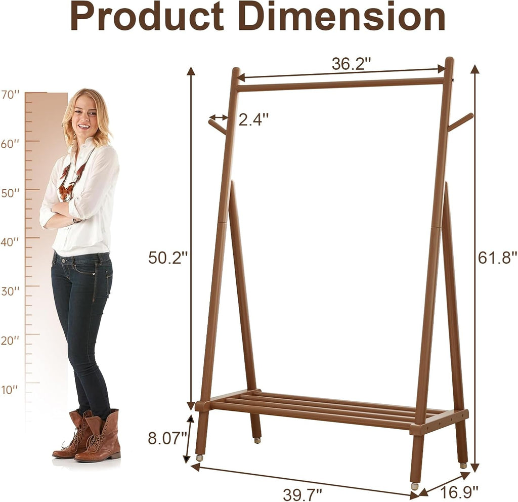 Natural Wood Style | Rolling Garment Rack with Shelves & Wheels