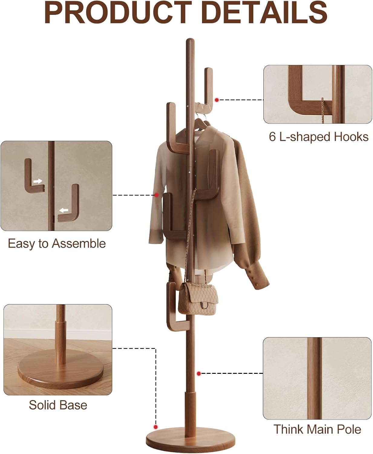 Natural Sculptural Charm | Solid Wood Freestanding Coat Rack with 6 Hooks