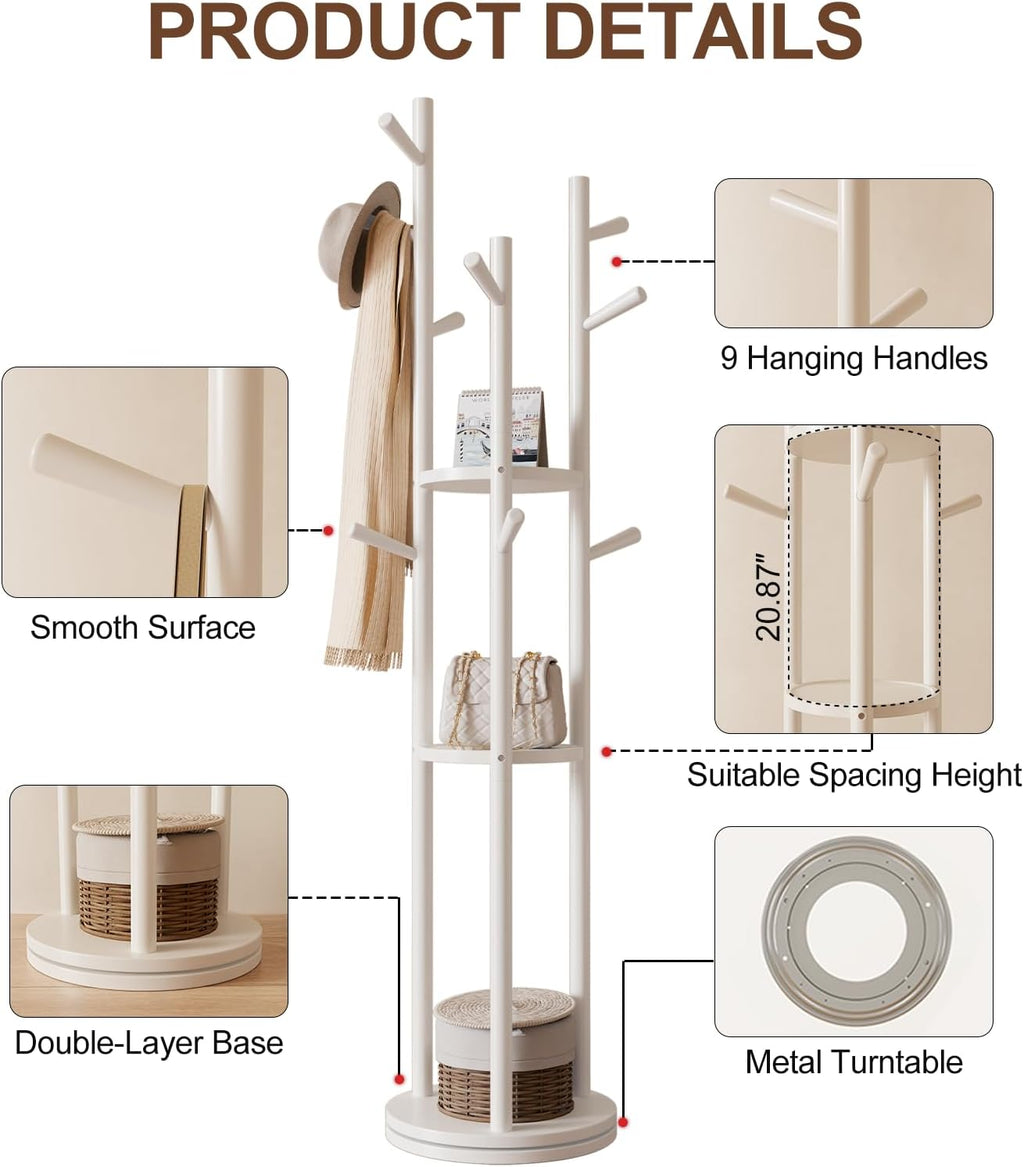 Effortless Organization | Solid Wood Rotating Coat Rack with 3 Storage Shelves