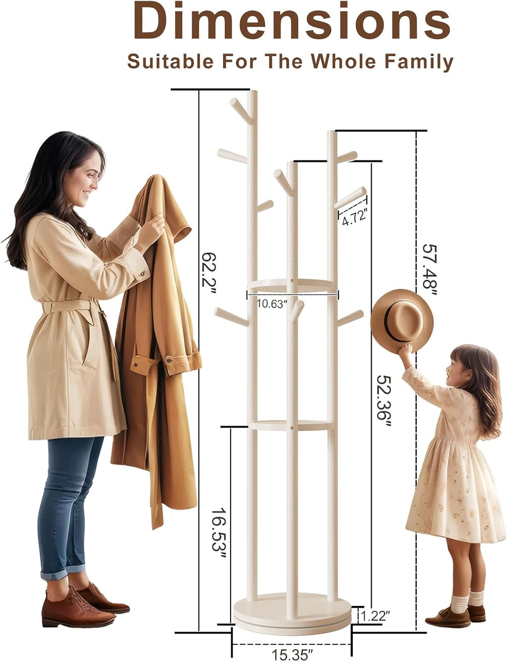 Effortless Organization | Solid Wood Rotating Coat Rack with 3 Storage Shelves