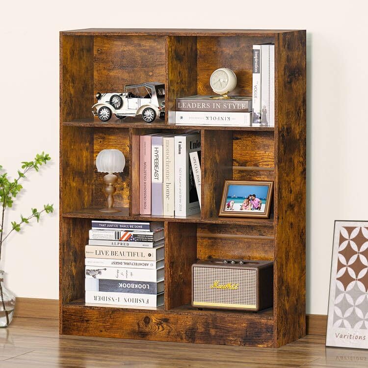 Mid-Century Charm | 3-Tier 7-Cube Open Bookshelf with Retro Wood Finish