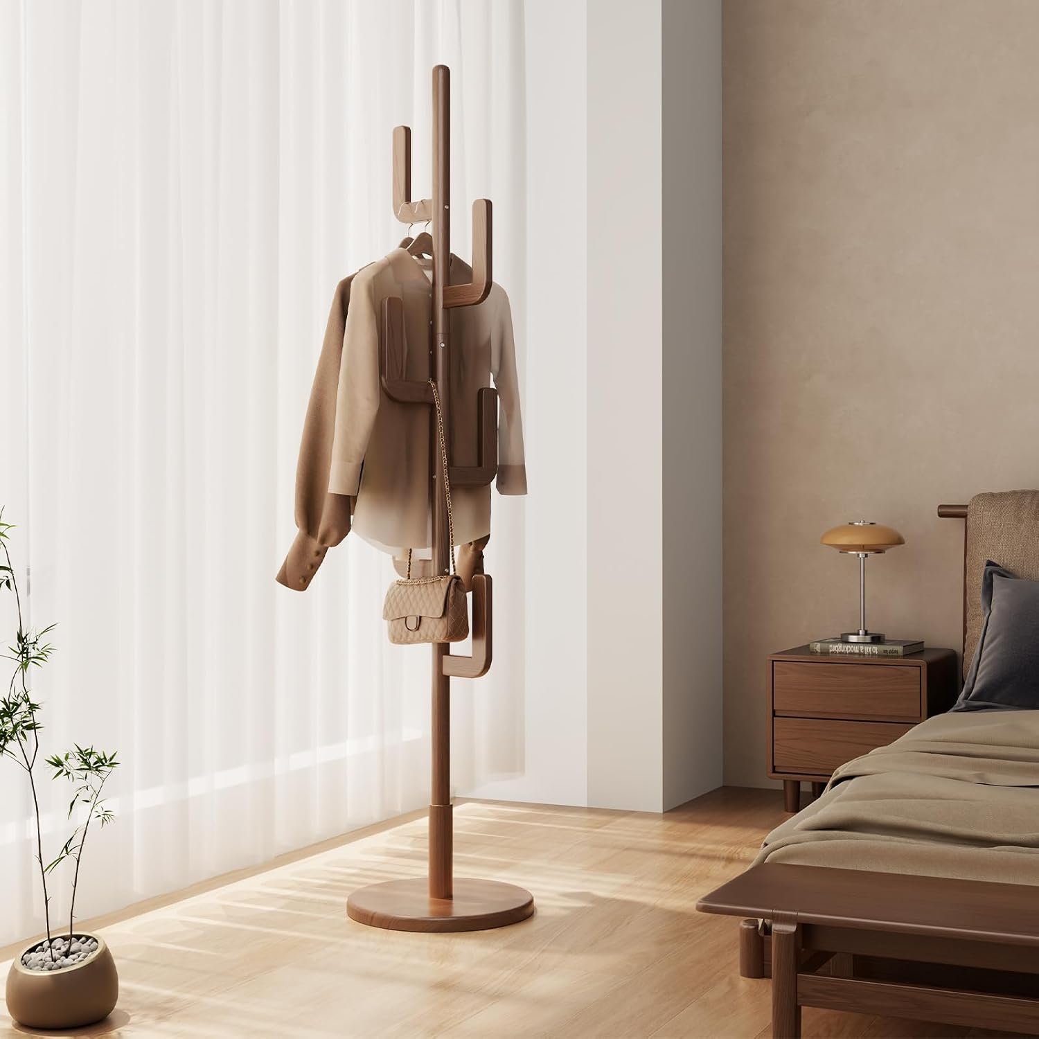 Natural Sculptural Charm | Solid Wood Freestanding Coat Rack with 6 Hooks