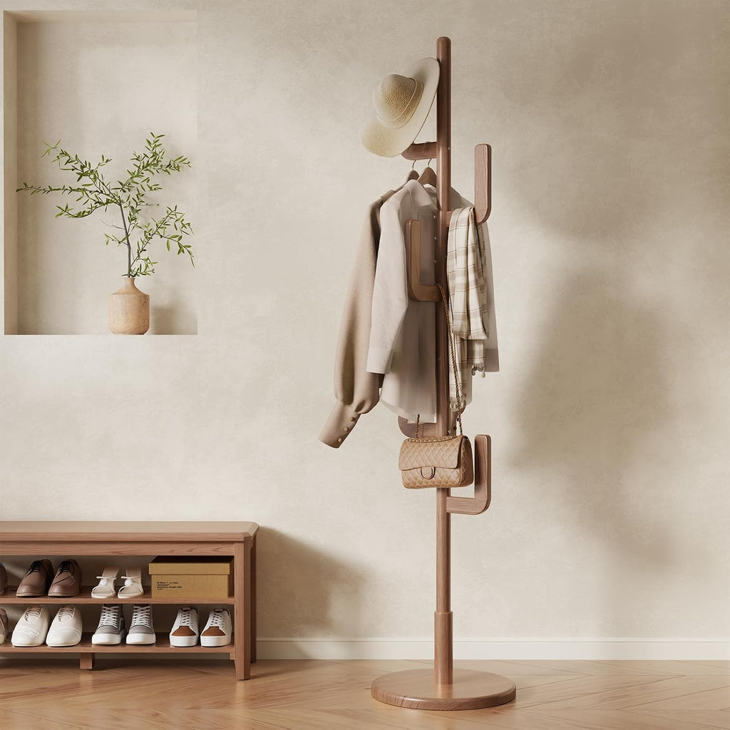 Natural Sculptural Charm | Solid Wood Freestanding Coat Rack with 6 Hooks
