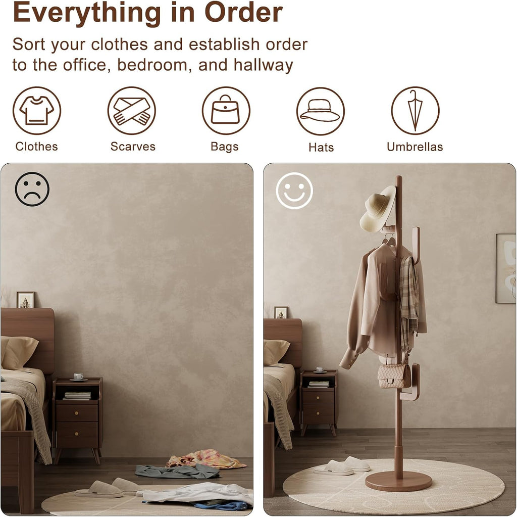 Natural Sculptural Charm | Solid Wood Freestanding Coat Rack with 6 Hooks