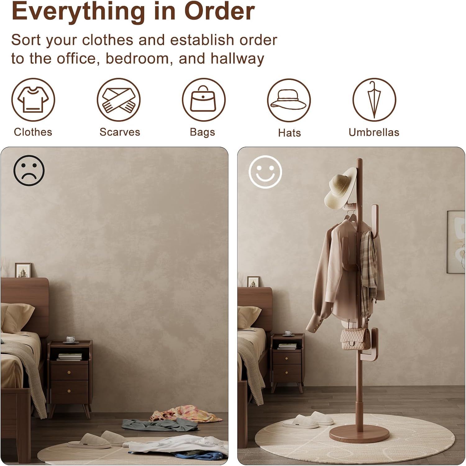 Natural Sculptural Charm | Solid Wood Freestanding Coat Rack with 6 Hooks