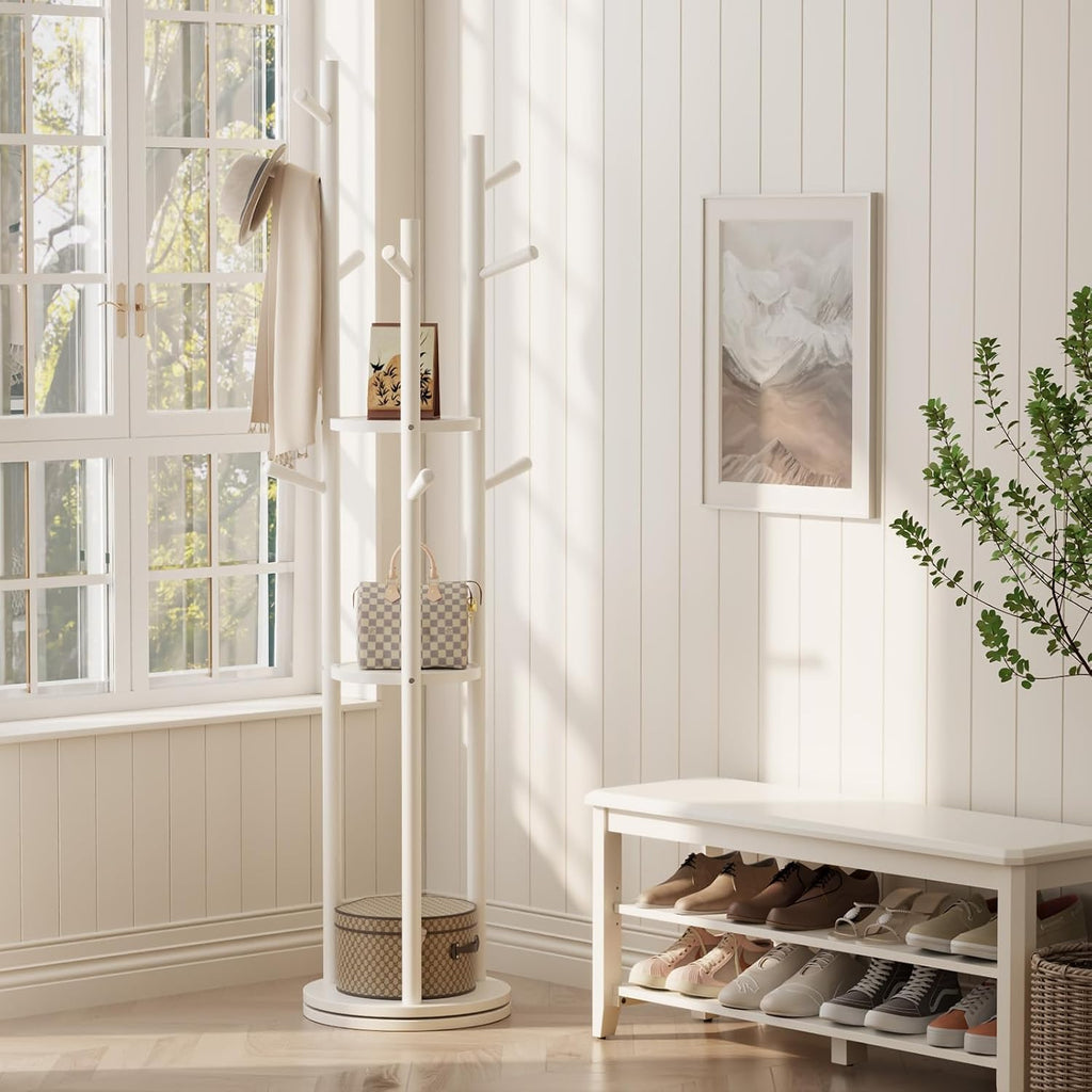 Effortless Organization | Solid Wood Rotating Coat Rack with 3 Storage Shelves
