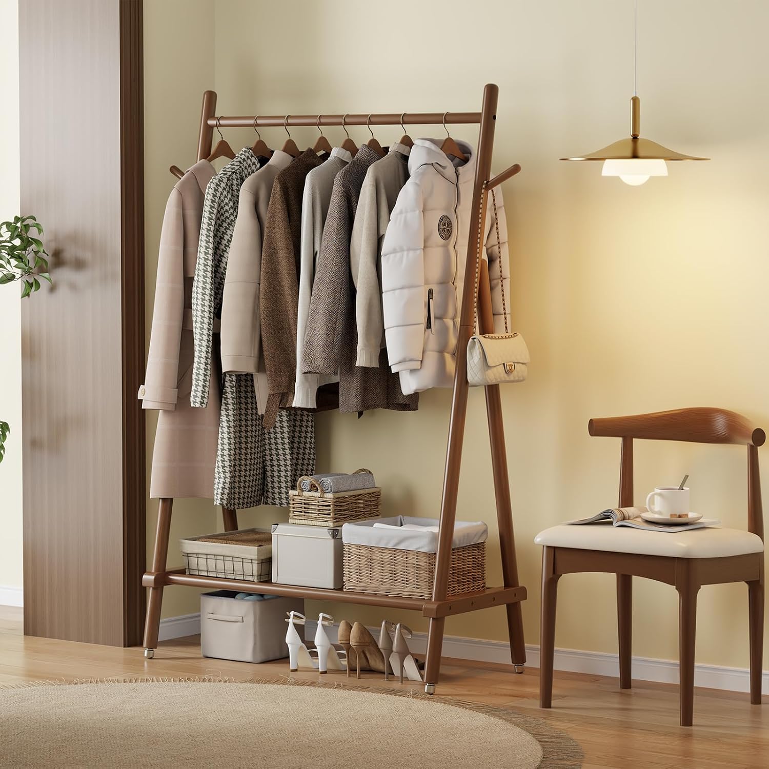 Natural Wood Style | Rolling Garment Rack with Shelves & Wheels