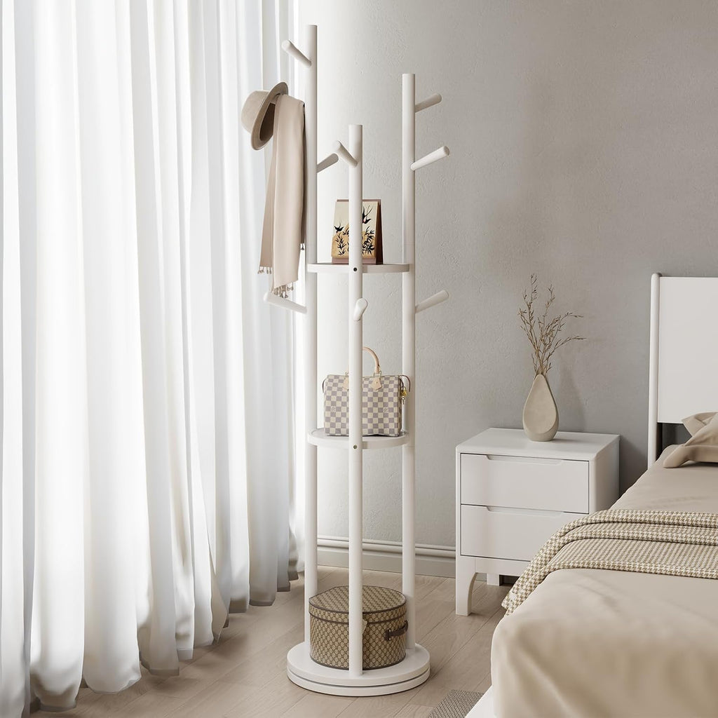 Effortless Organization | Solid Wood Rotating Coat Rack with 3 Storage Shelves