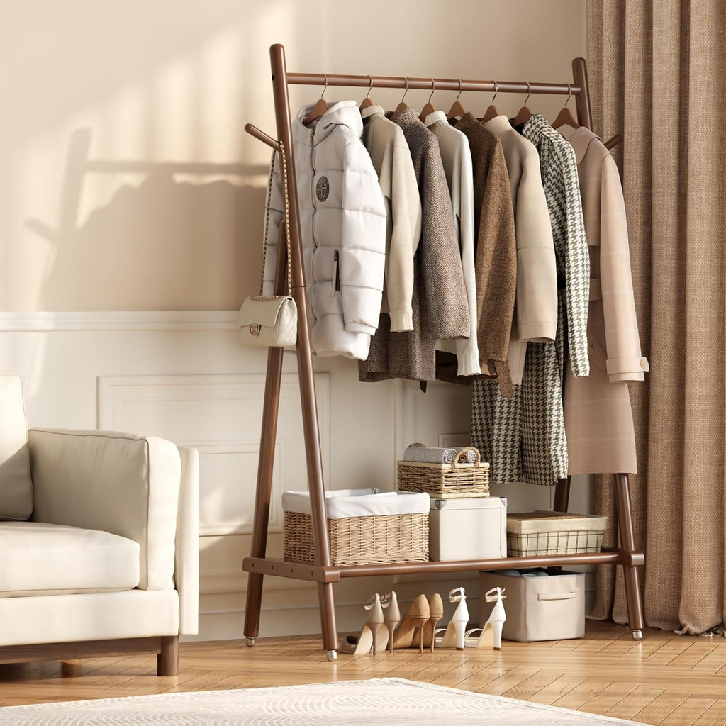 Natural Wood Style | Rolling Garment Rack with Shelves & Wheels
