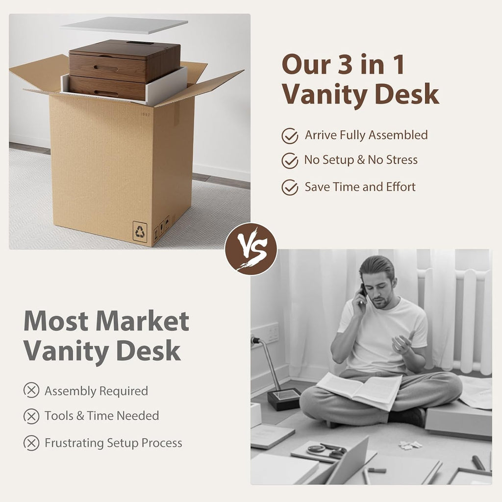 Effortless Beauty | 3-in-1 Flip-Top Vanity Desk with Hidden Chair