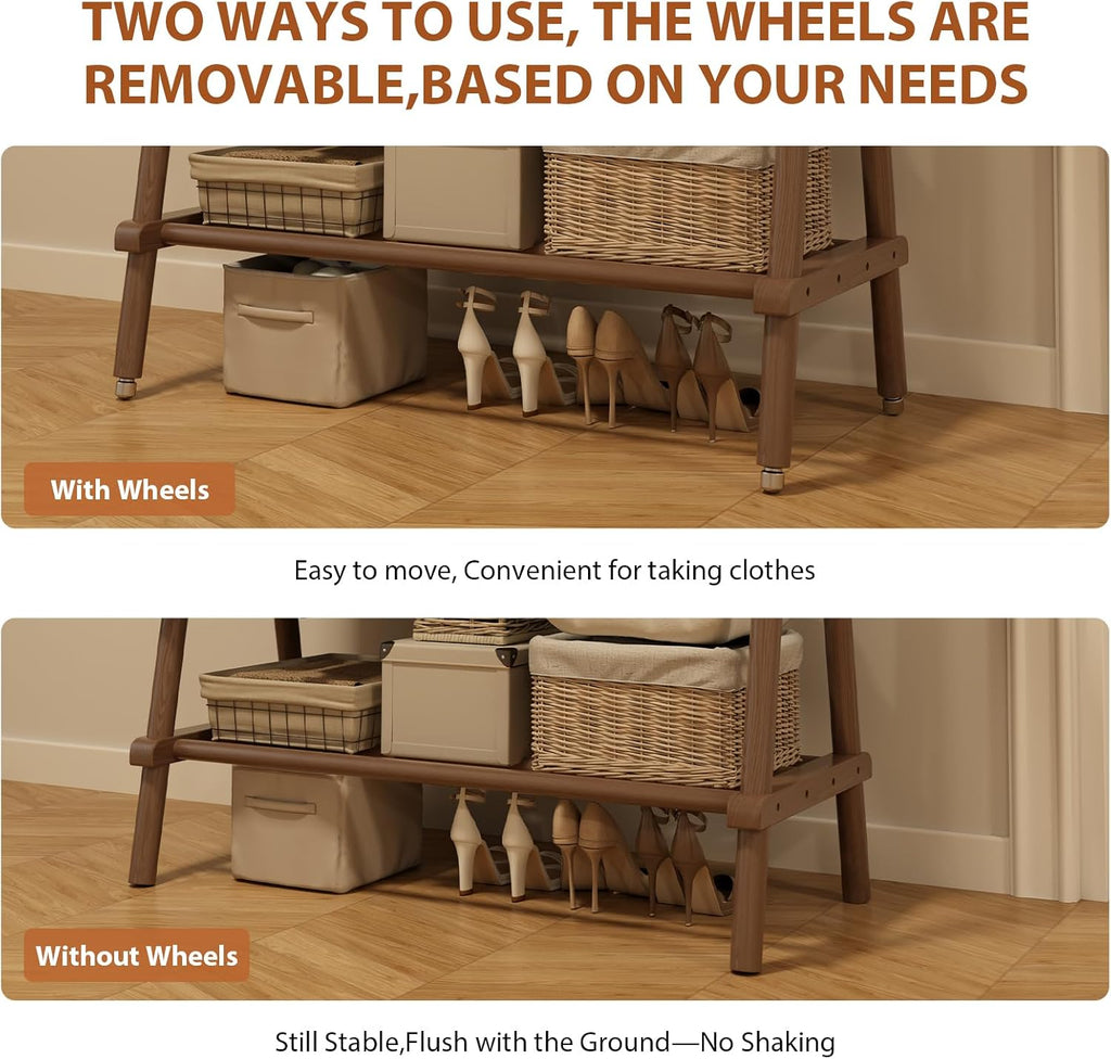 Natural Wood Style | Rolling Garment Rack with Shelves & Wheels