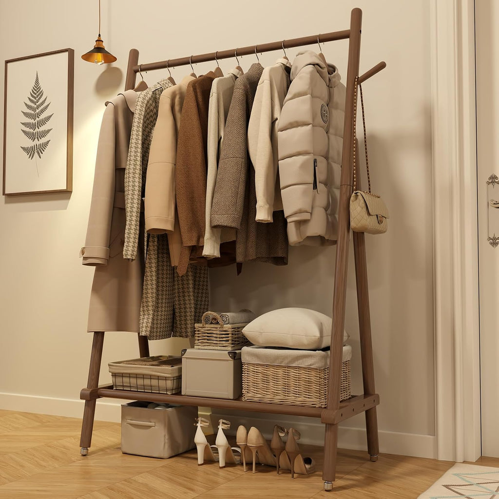 Natural Wood Style | Rolling Garment Rack with Shelves & Wheels