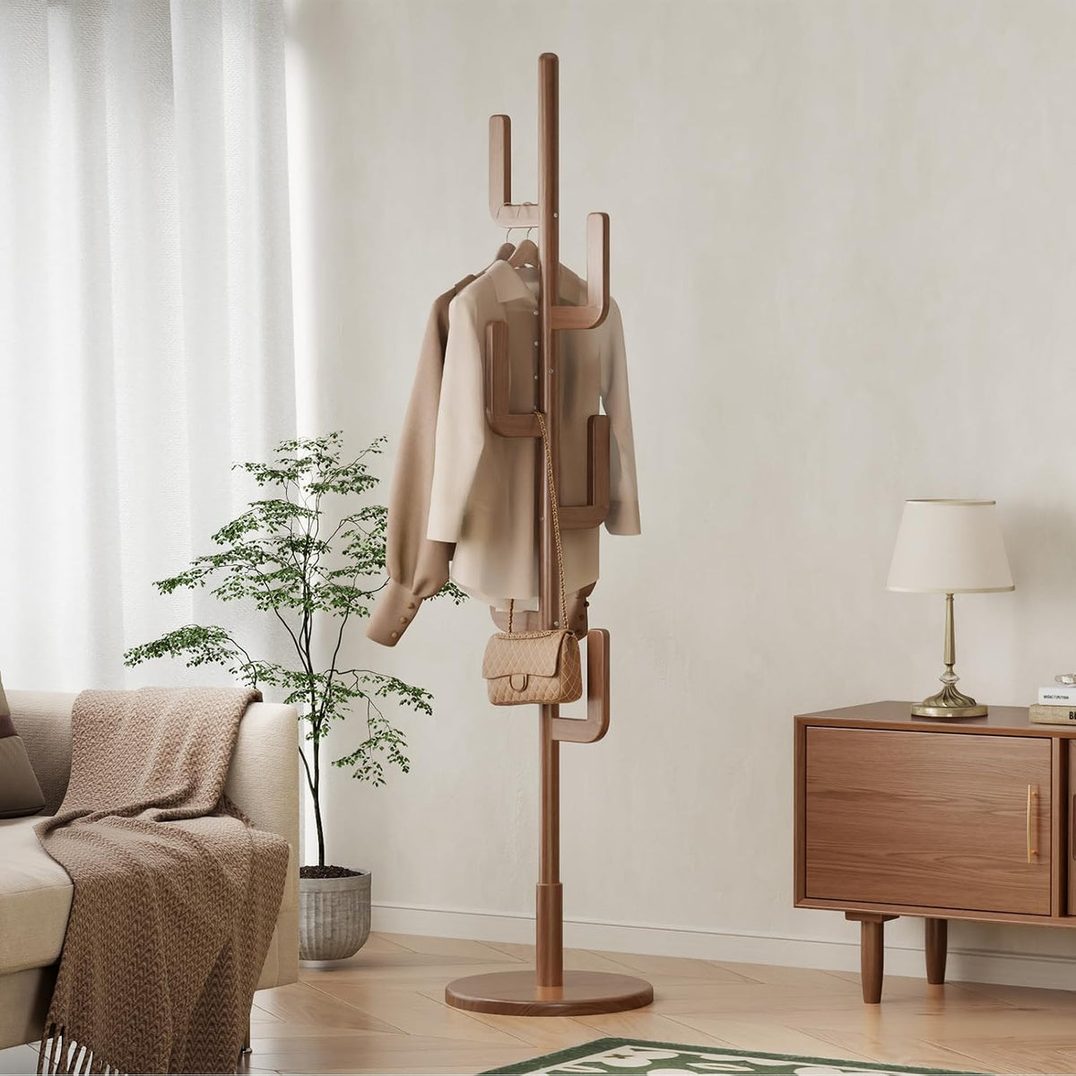 Natural Sculptural Charm | Solid Wood Freestanding Coat Rack with 6 Hooks