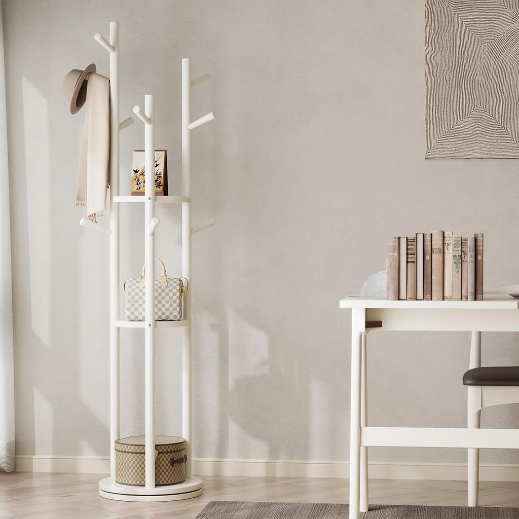 Effortless Organization | Solid Wood Rotating Coat Rack with 3 Storage Shelves