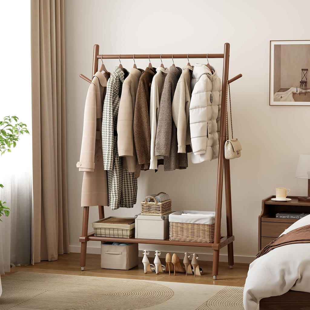 Natural Wood Style | Rolling Garment Rack with Shelves & Wheels
