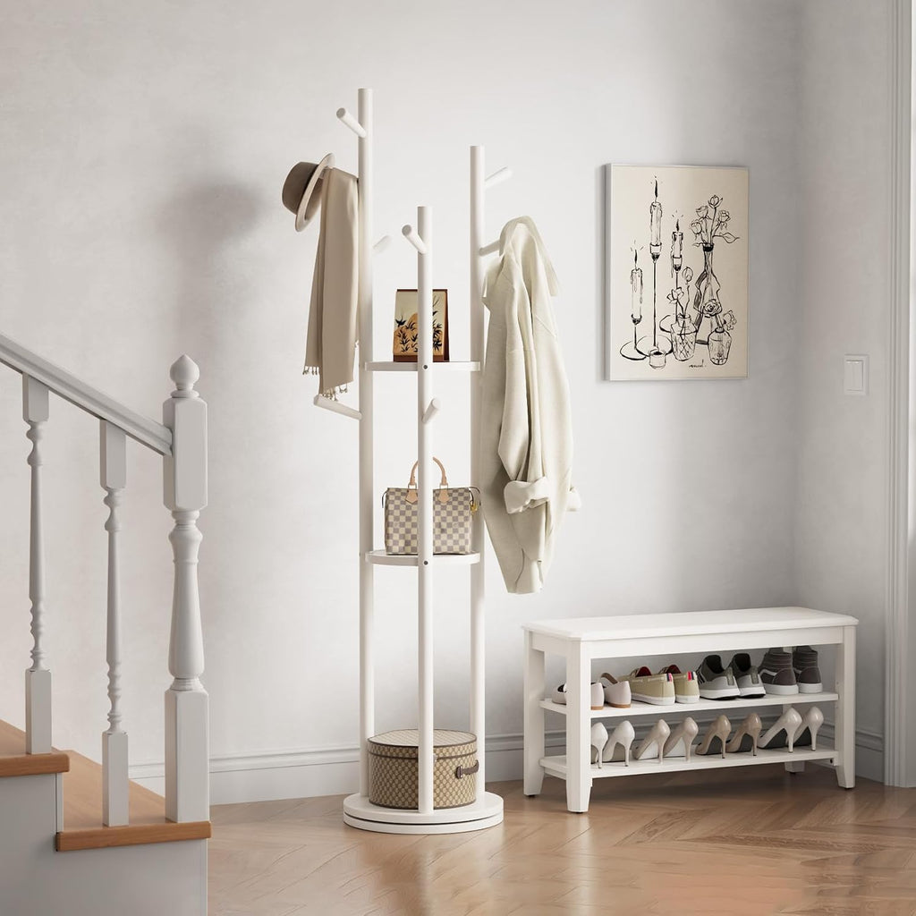 Effortless Organization | Solid Wood Rotating Coat Rack with 3 Storage Shelves