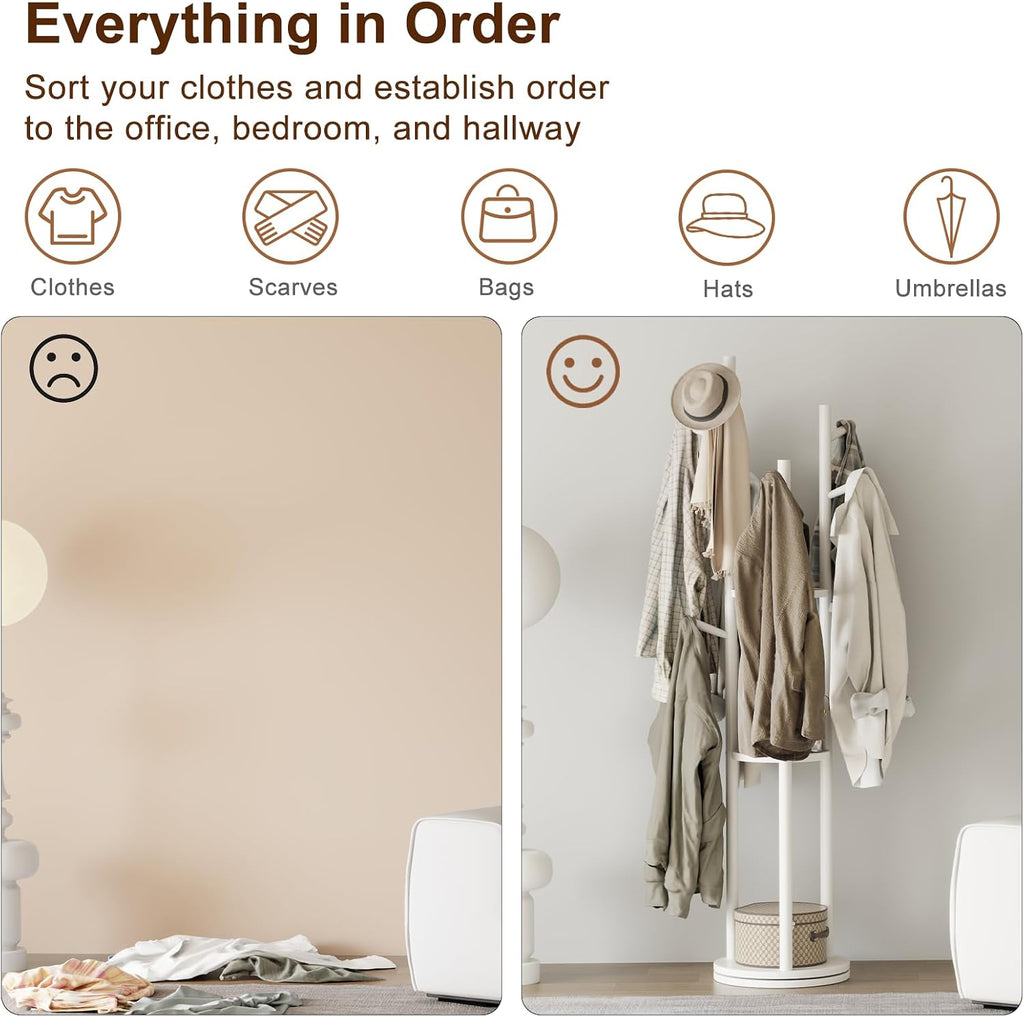 Effortless Organization | Solid Wood Rotating Coat Rack with 3 Storage Shelves