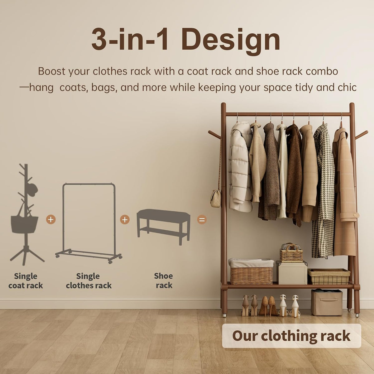 Natural Wood Style | Rolling Garment Rack with Shelves & Wheels