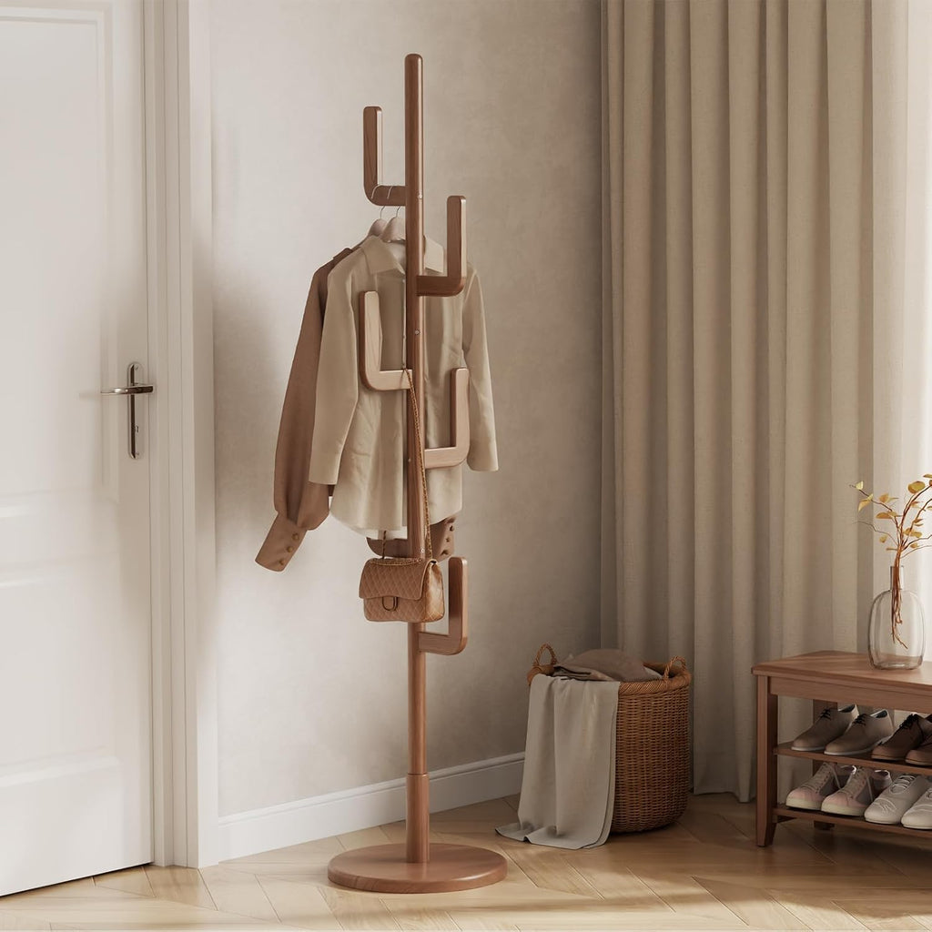 Natural Sculptural Charm | Solid Wood Freestanding Coat Rack with 6 Hooks