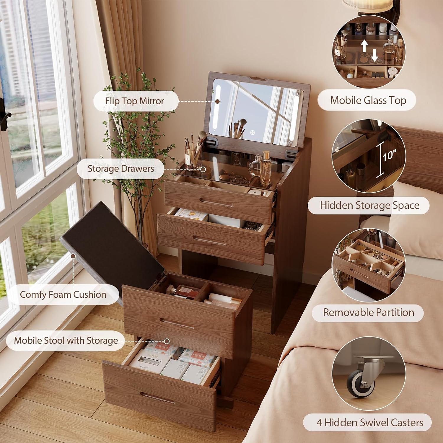 Effortless Beauty | 3-in-1 Flip-Top Vanity Desk with Hidden Chair