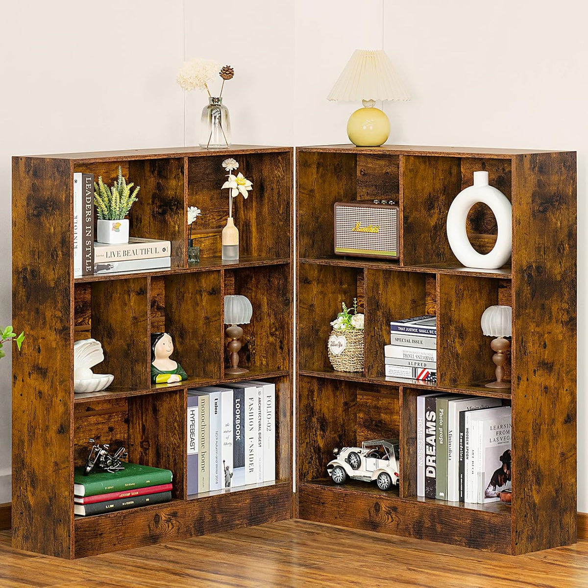 Mid-Century Charm | 3-Tier 7-Cube Open Bookshelf with Retro Wood Finish
