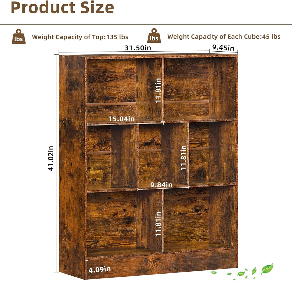 Mid-Century Charm | 3-Tier 7-Cube Open Bookshelf with Retro Wood Finish