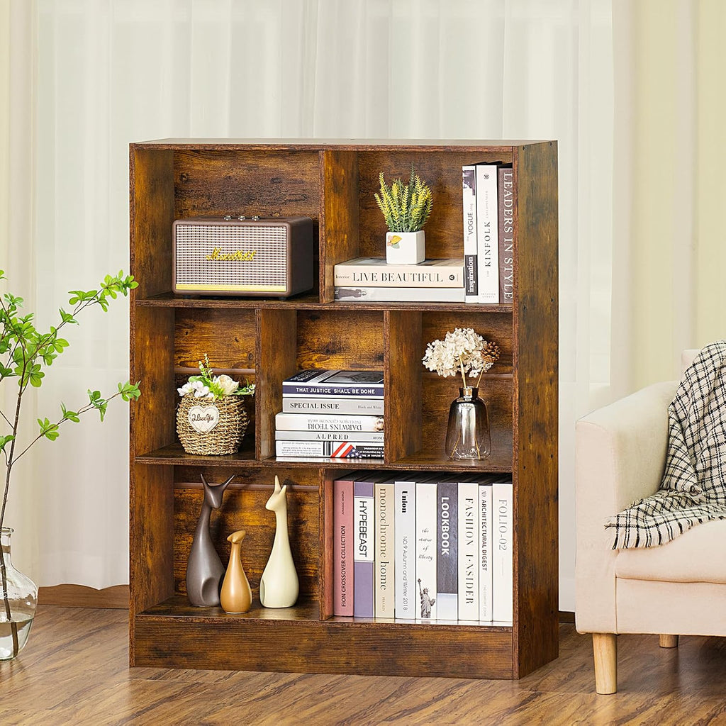 Mid-Century Charm | 3-Tier 7-Cube Open Bookshelf with Retro Wood Finish