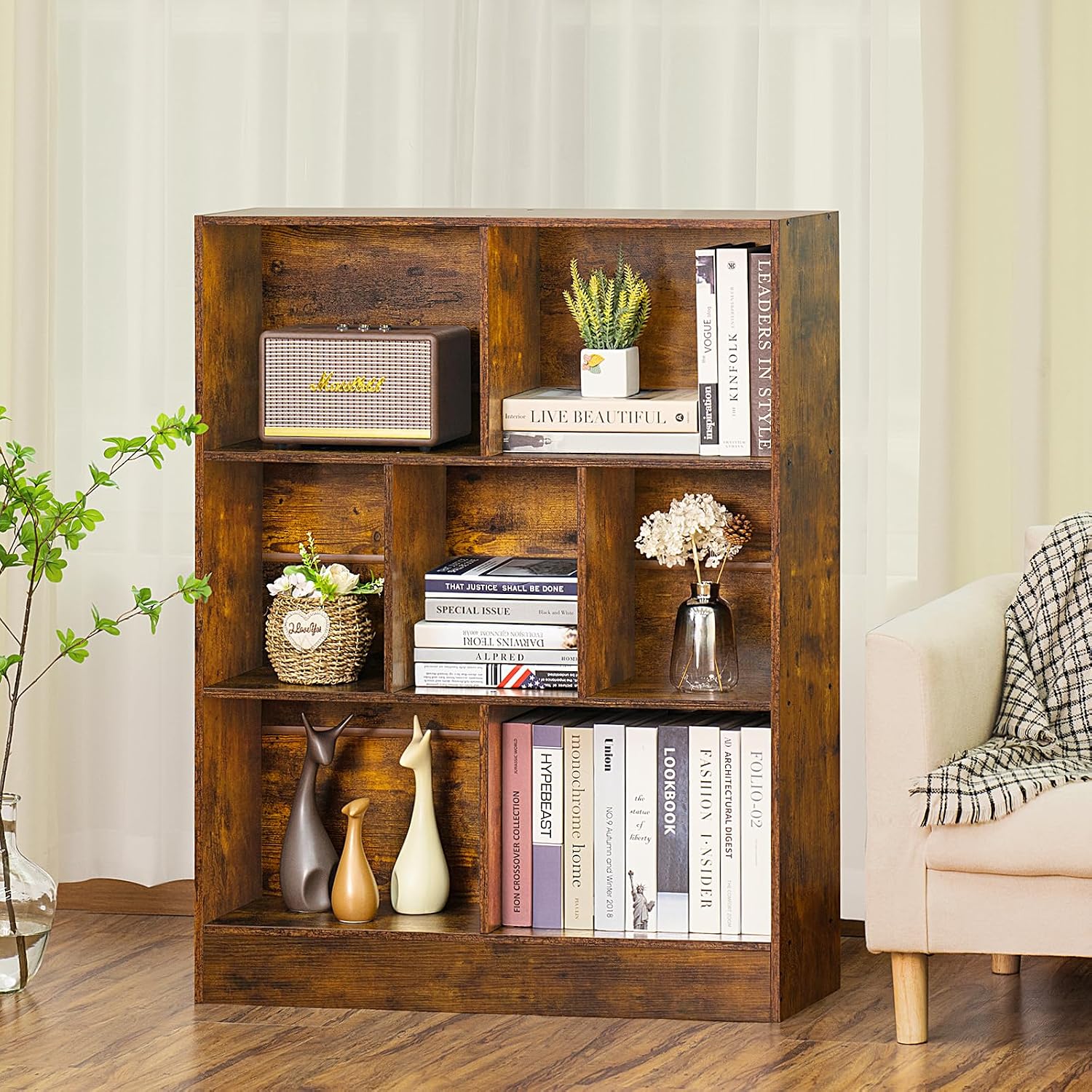 Mid-Century Charm | 3-Tier 7-Cube Open Bookshelf with Retro Wood Finish