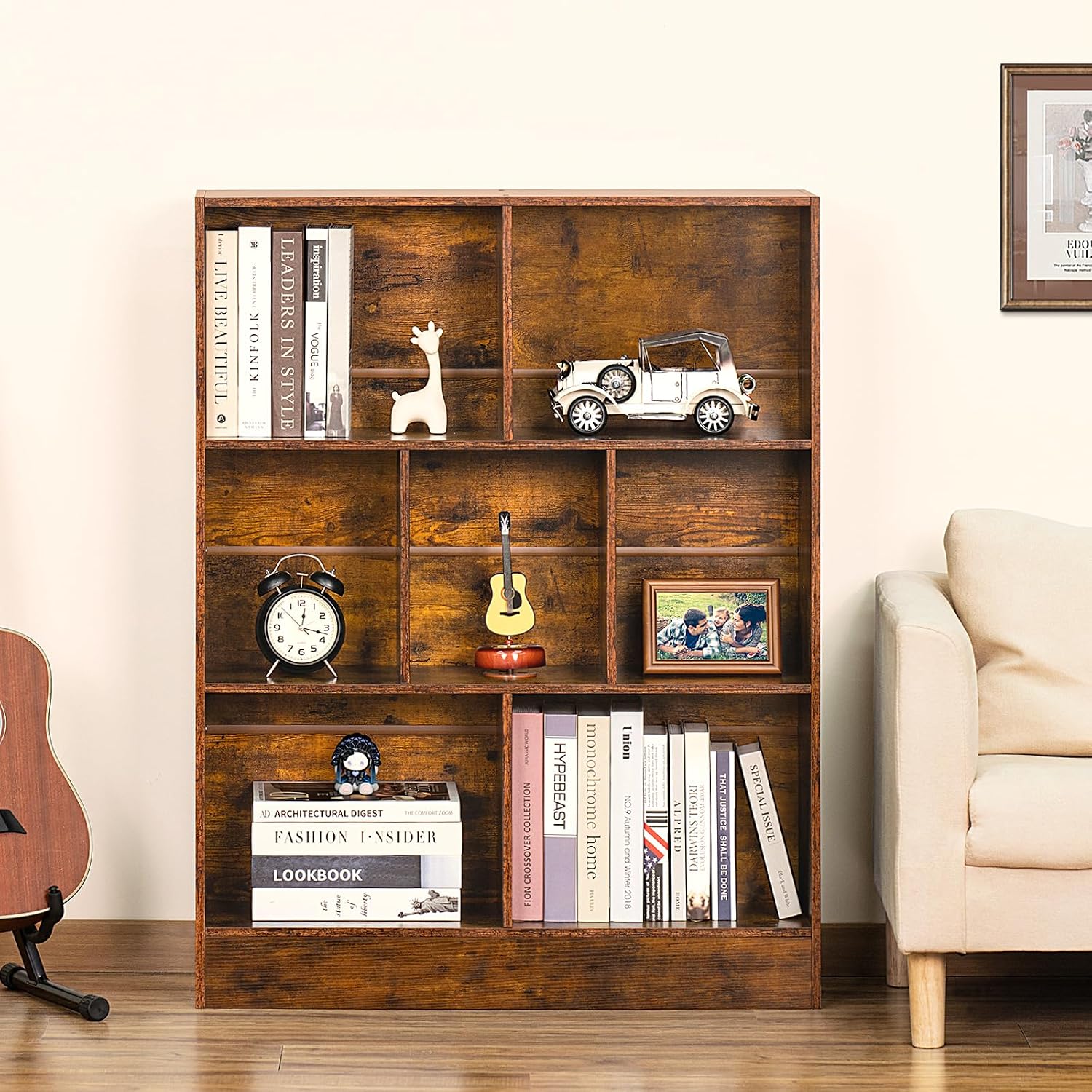 Mid-Century Charm | 3-Tier 7-Cube Open Bookshelf with Retro Wood Finish