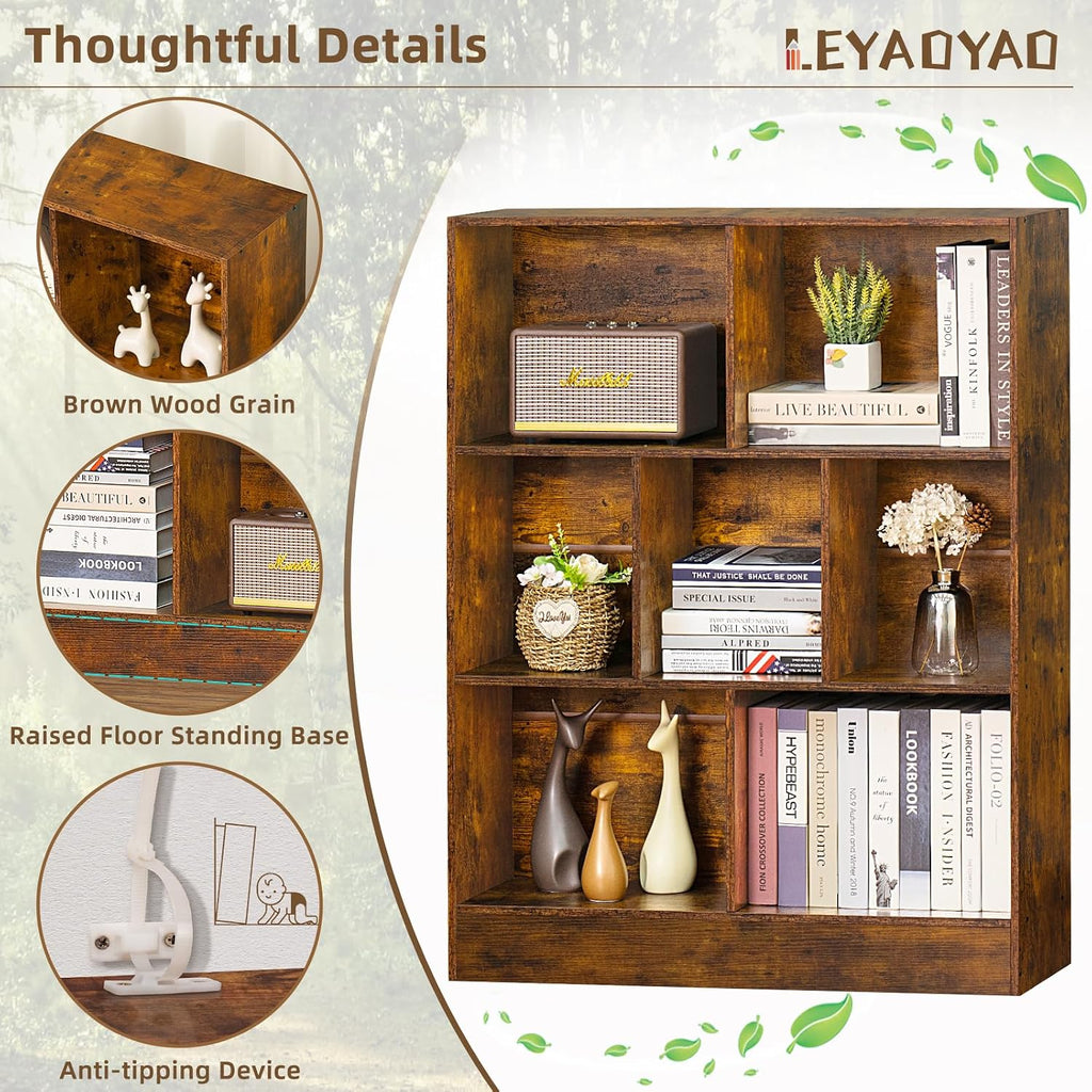 Mid-Century Charm | 3-Tier 7-Cube Open Bookshelf with Retro Wood Finish