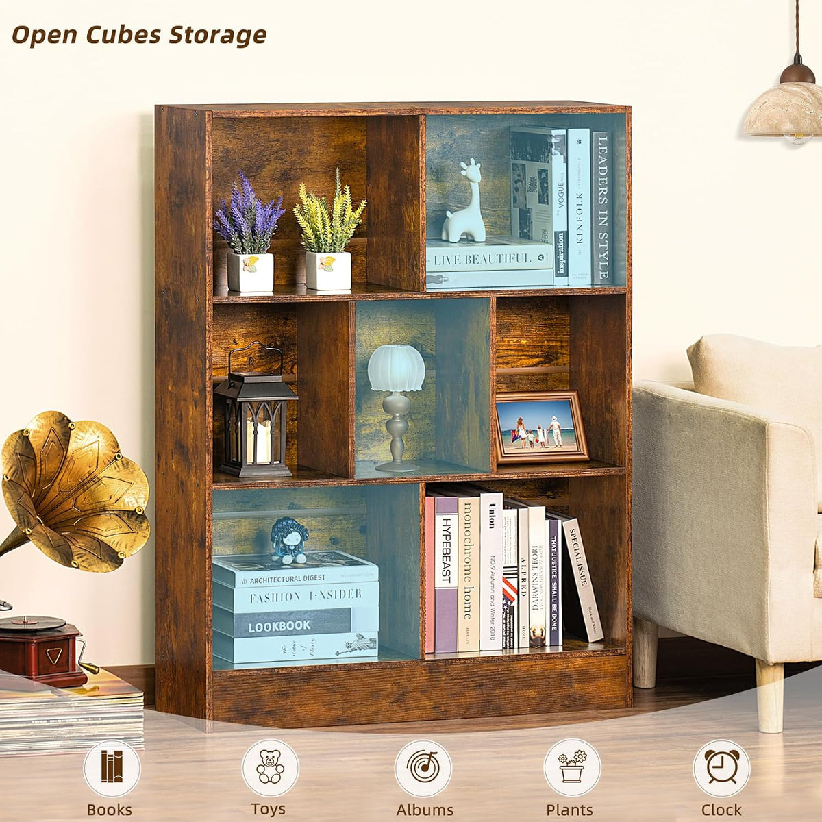Mid-Century Charm | 3-Tier 7-Cube Open Bookshelf with Retro Wood Finish