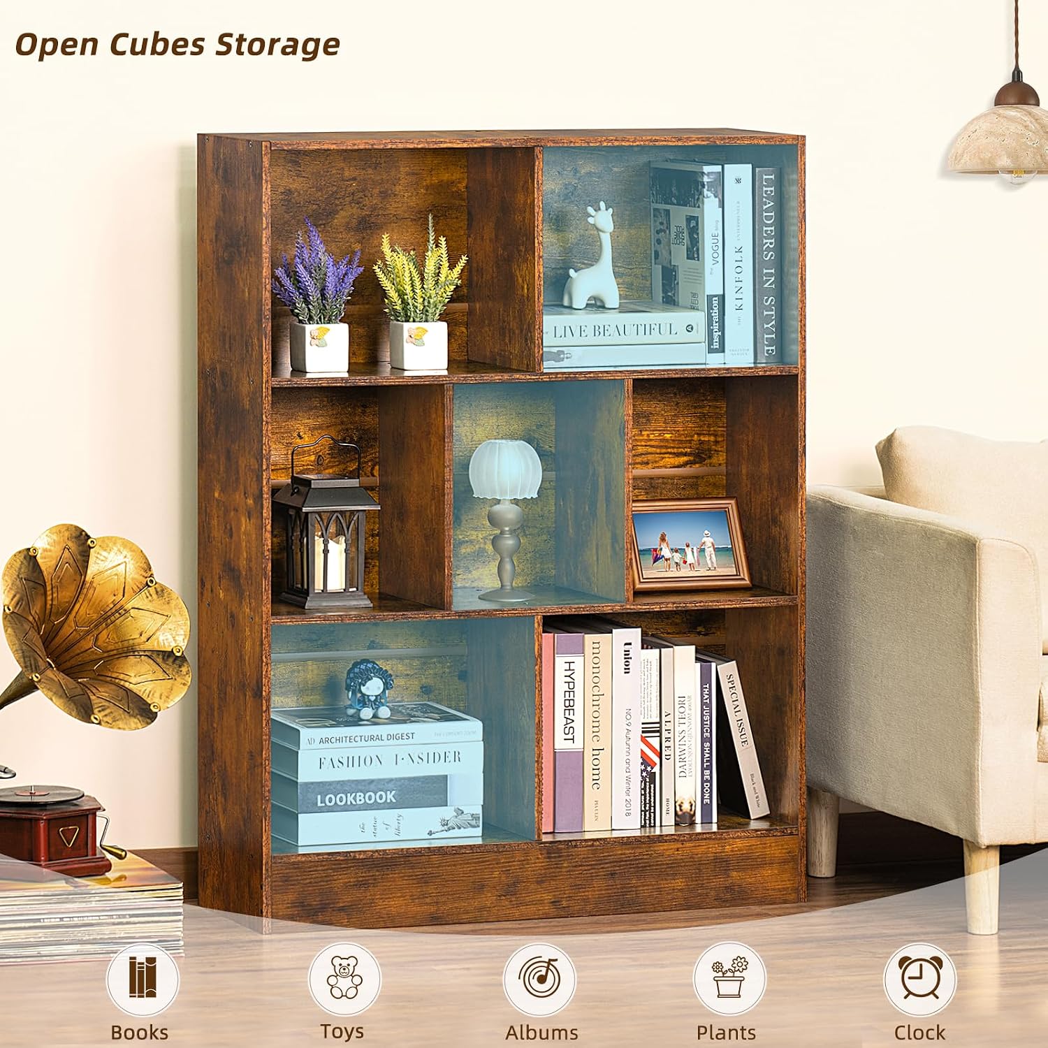 Mid-Century Charm | 3-Tier 7-Cube Open Bookshelf with Retro Wood Finish