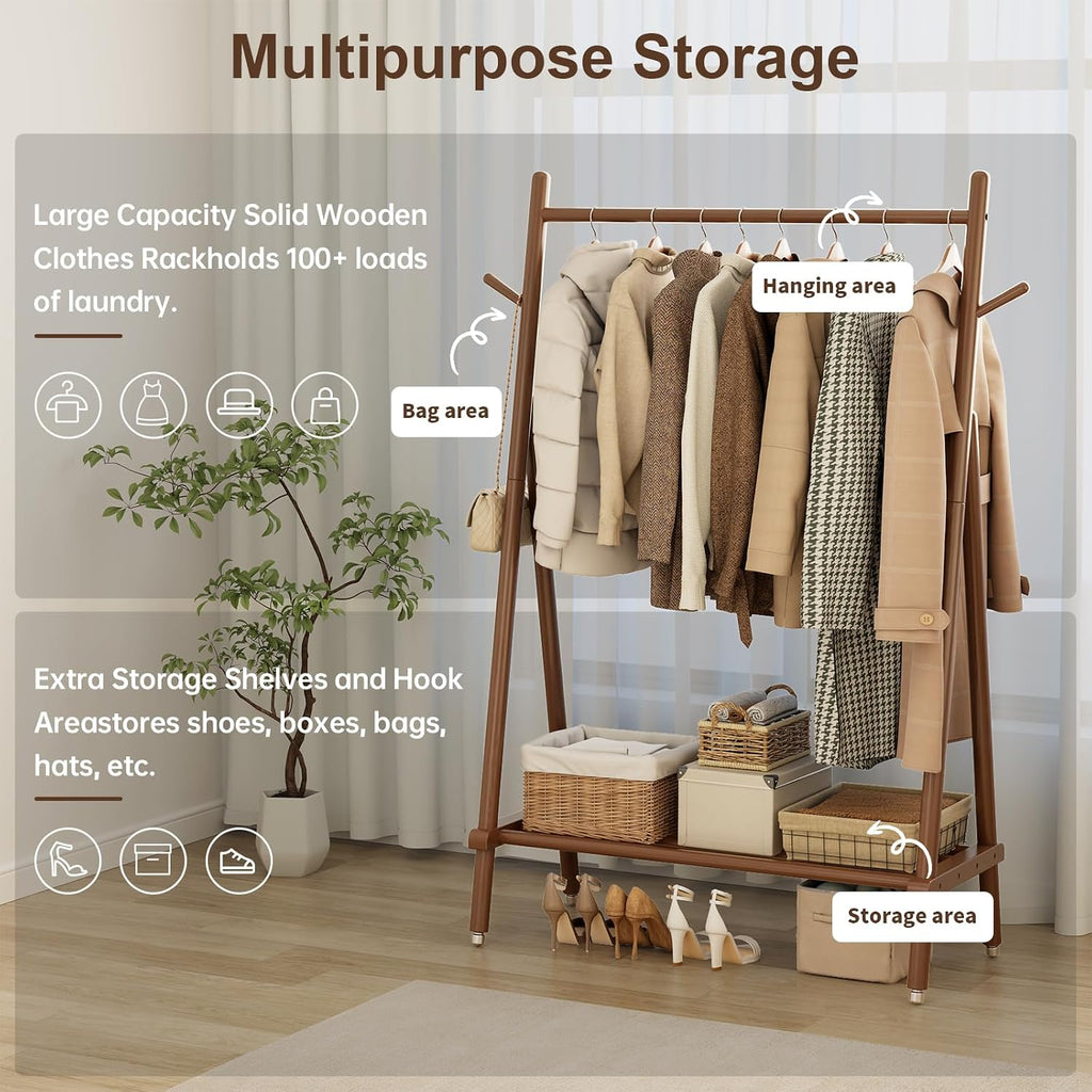 Natural Wood Style | Rolling Garment Rack with Shelves & Wheels