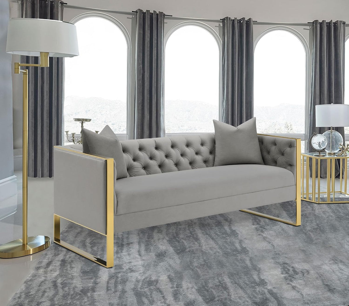 Modern Glamour | Tufted Velvet Sofa with Gold Accents